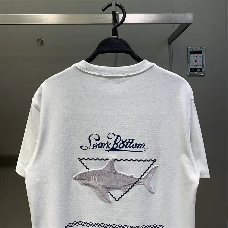 Men's Embroidered T-Shirt Shark Patch Back Detail Crew Neck Short Sleeve