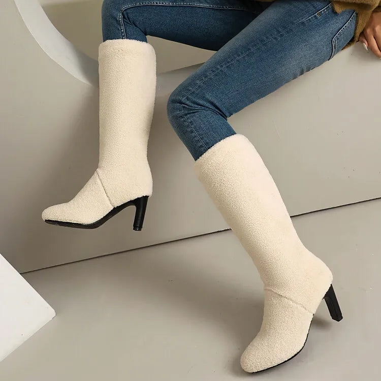 Faux Fur Lined Knee High Boots - 7cm Square Heel Winter Boots