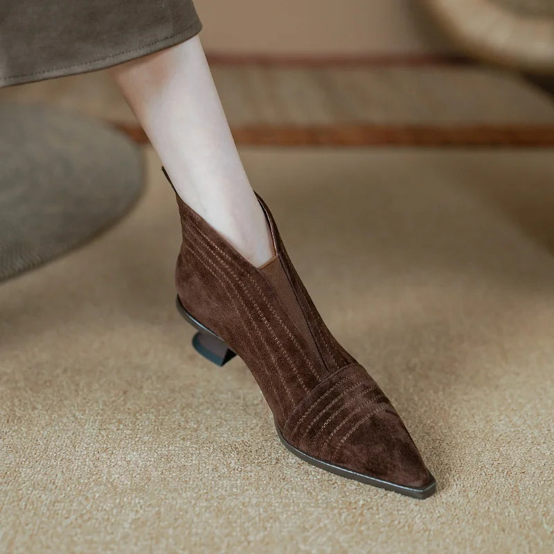 Women's  High-heel Sheep Suede Leather Shoes Pointed Toe Ankle Boots