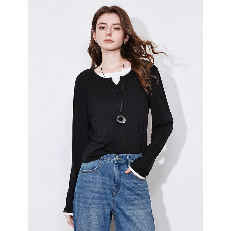 Women's Long Sleeve Blocking Splicing Slim Fit Top