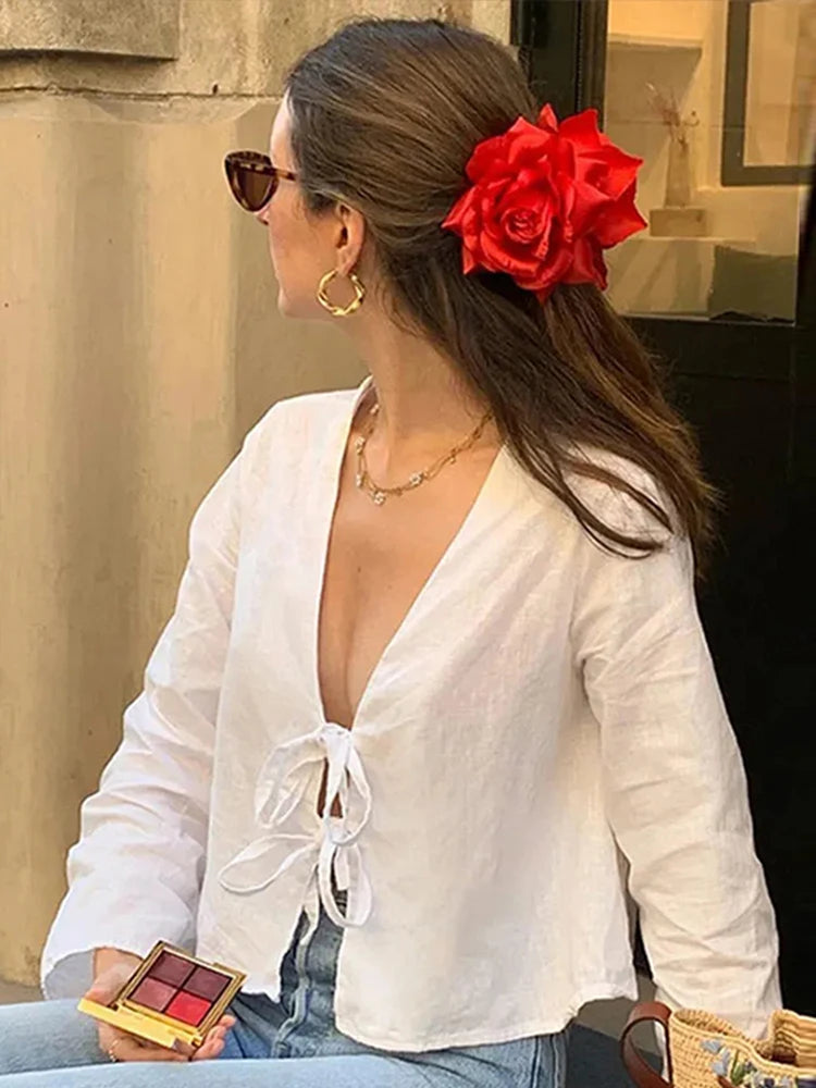 Summer White Lace Up Shirt - Women‘s Elegant Loose Long Sleeve V-neck Blouse