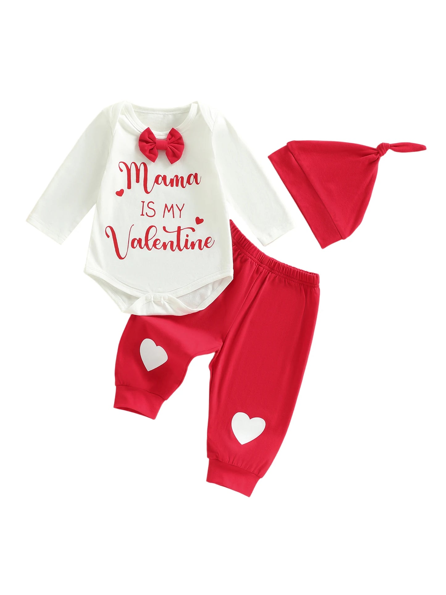 Valentine's Day Baby Boy 3-Piece Outfit Set - Heart Print Romper, Pants & Hat