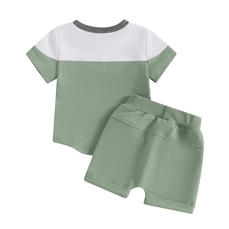 0-3Y Toddler Baby Boys Casual Clothes Set Contrast Colour Round Neck Short Sleeve Tops Pockets Shorts