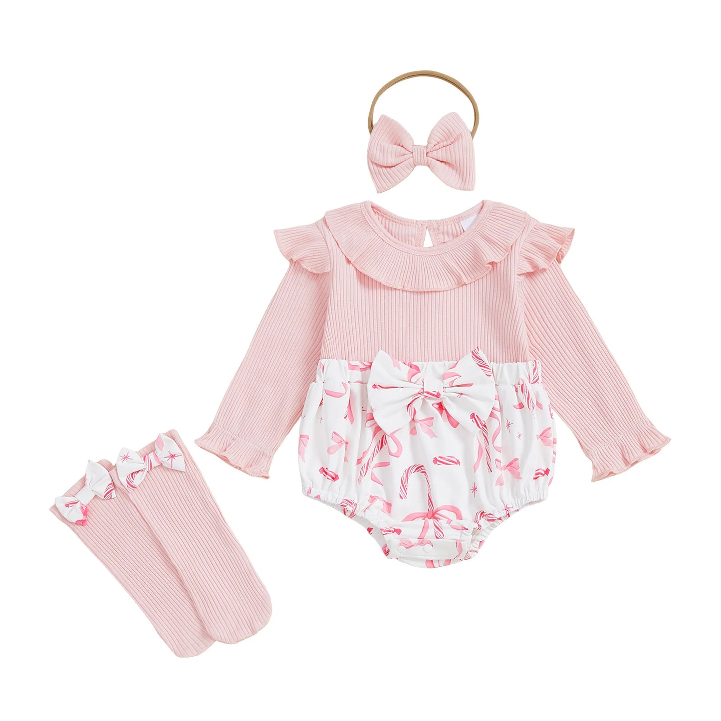 Baby Girls Christmas Romper Set - Santa Tree Bow Print Long Sleeve Ruffle Jumpsuit with Headband & Socks