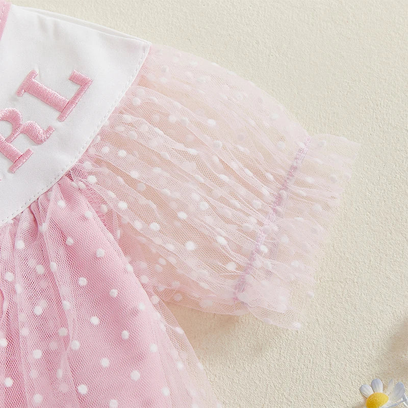 Baby Girls Birthday Romper Dress - Short Sleeve Dots Letters Embroidery Tulle Jumpsuit