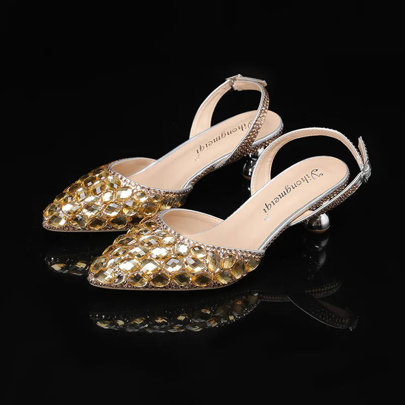 Women's 5cm Round Heel Shaped Heel Pearl Sandals