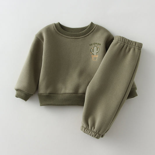 Children's 2Pcs  Embroidery Thicken Fleece Warm Sweatshirt and Pants Set Outfit