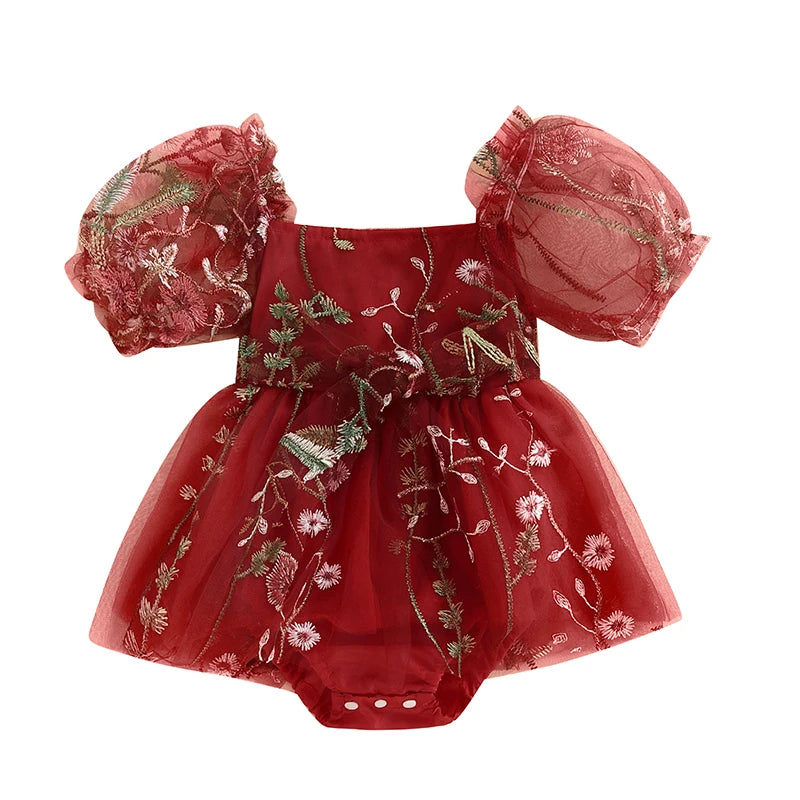 Baby Girls Princess Romper Dress - Flower Embroidery Mesh Skirt Bodysuit