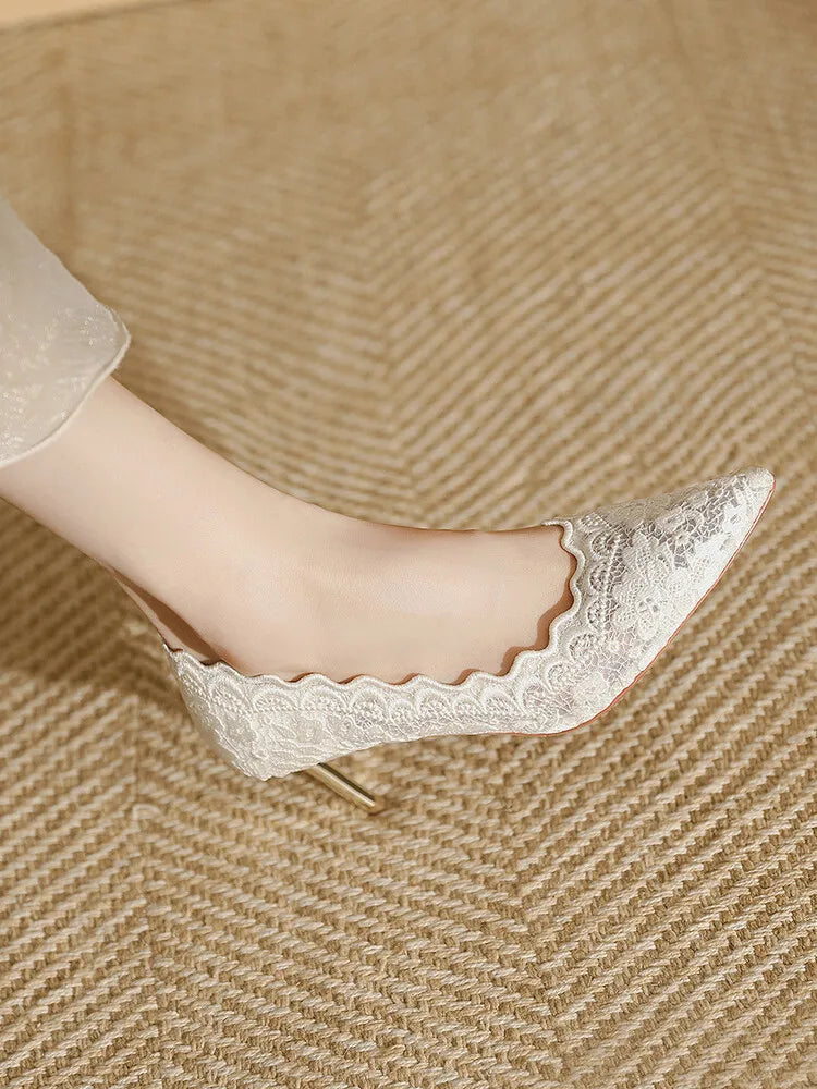 Embroidered Bridal Heels - Pointed Toe Wedding Pumps with 6.5cm Heel