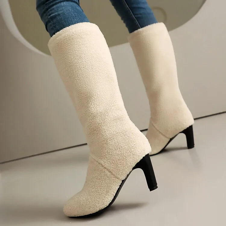 Faux Fur Lined Knee High Boots - 7cm Square Heel Winter Boots