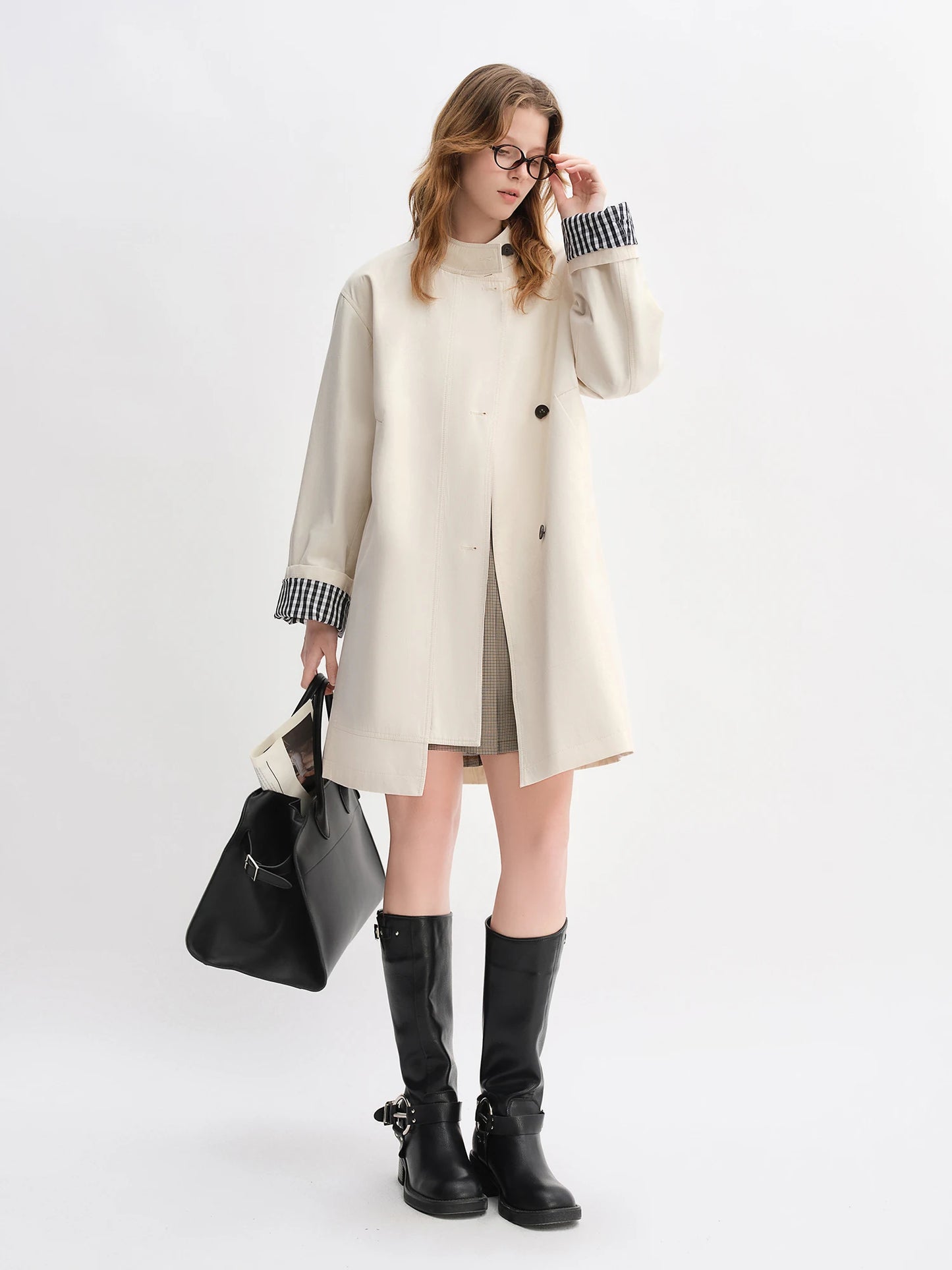 Stand Collar Trench Coat - Plaid Patchwork Relaxed Fit Windbreaker