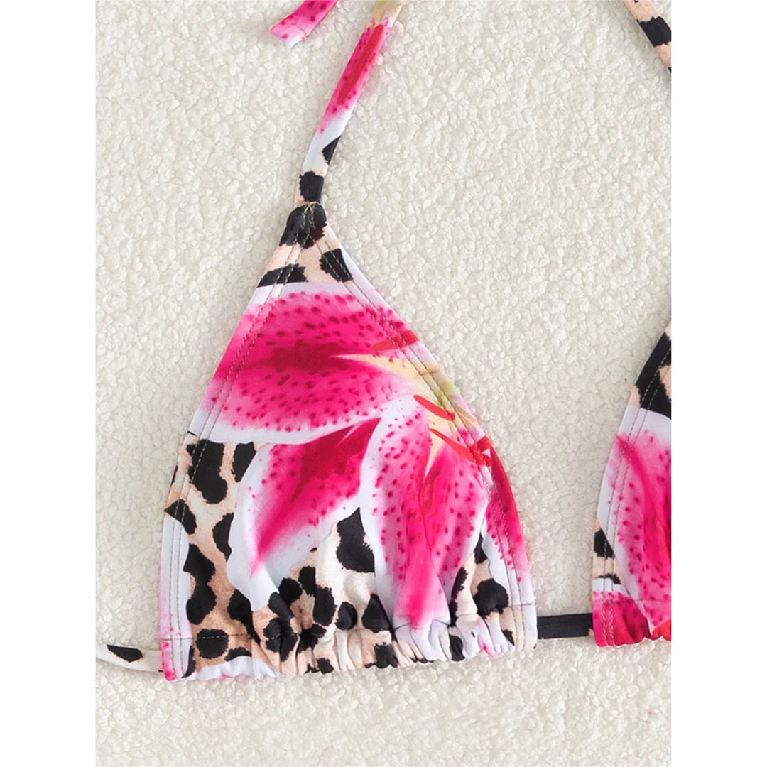 Floral Leopard Halter Bikini Set