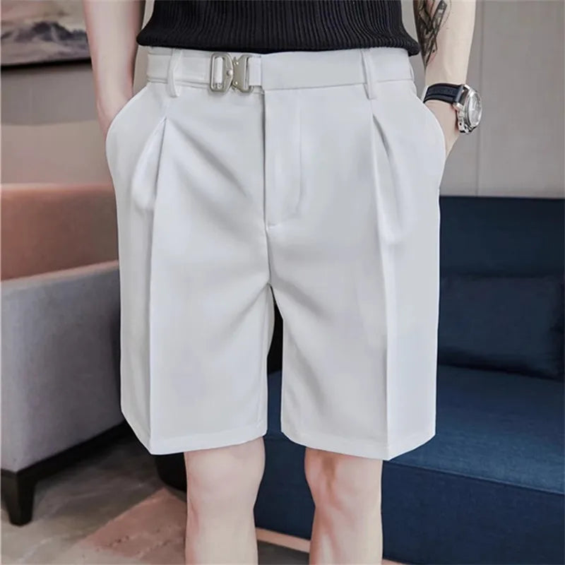 Men's Elastic Waist Suit Shorts - Slim Fit Casual Knee Length