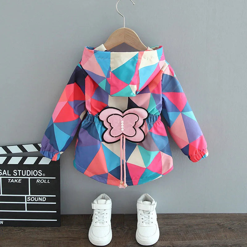 Children's Hooded Geometric Print Butterfly Patch Zipper Pocket Thin Jacket