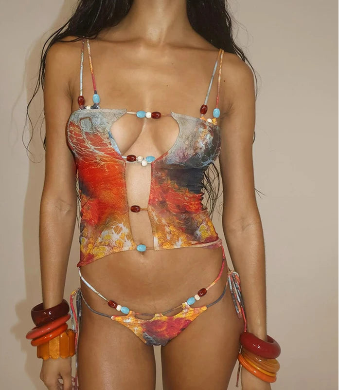 3 Piece Beachwear Bikini Set with Lace Up Skirt - Summer Co-ord Outfit