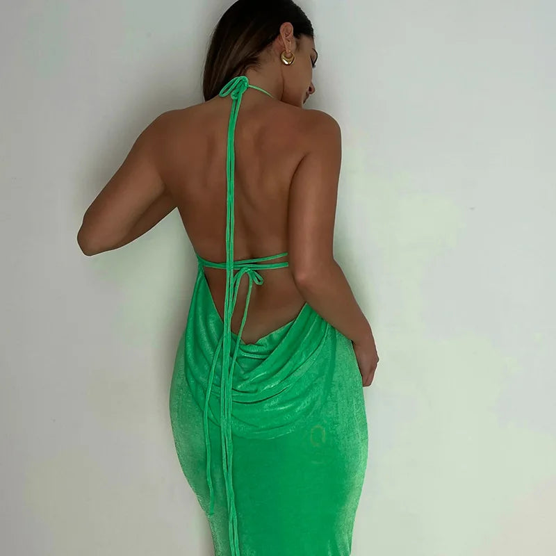 Women's Halter Backless Draped Maxi Dress - Long Straps Shift Dress