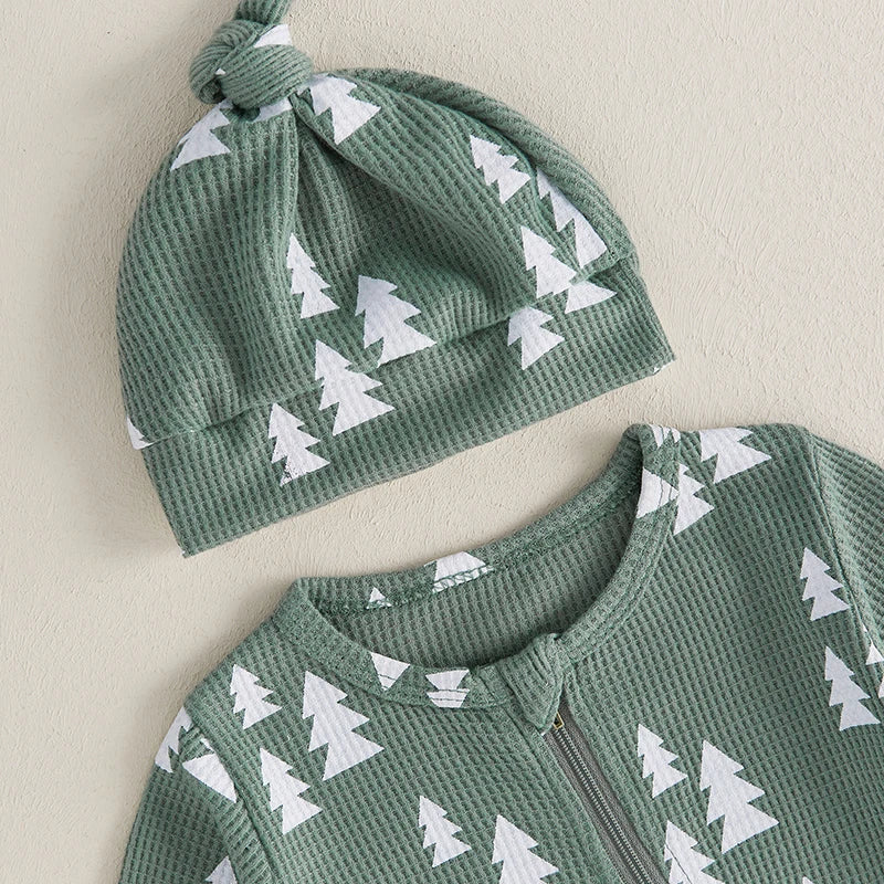 Newborn Christmas Romper Set with Hat - Xmas Tree Print Zip-Up Footed Jumpsuit