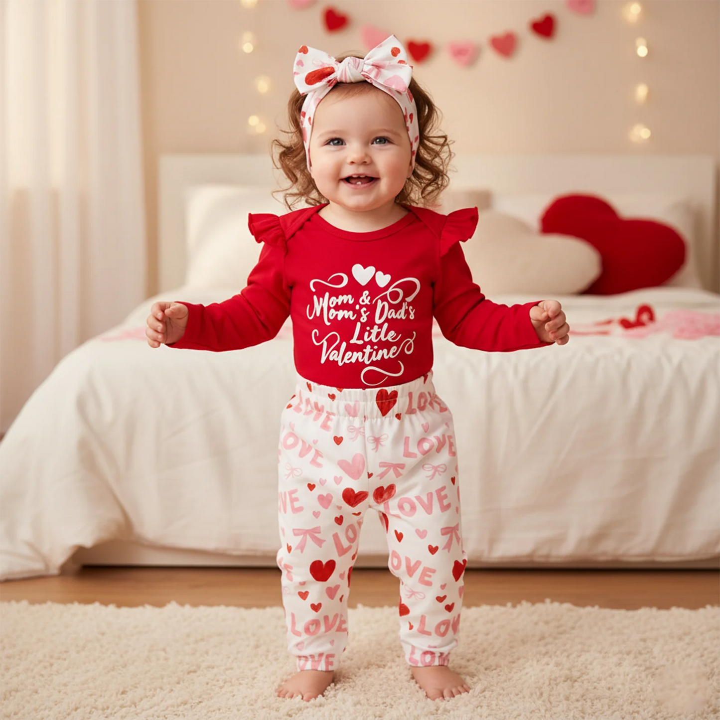 Baby Girls Valentine's Day 3-Piece Outfit Set - Ruffle Romper, Pants & Headband