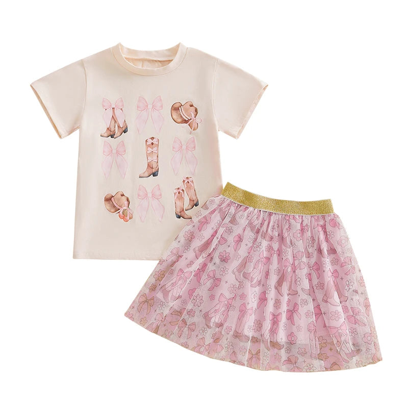 2pcs Kids Girls Summer Clothes Set Short Sleeve Bow Boots Print T Shirt and Tulle Skirt 0-5Y