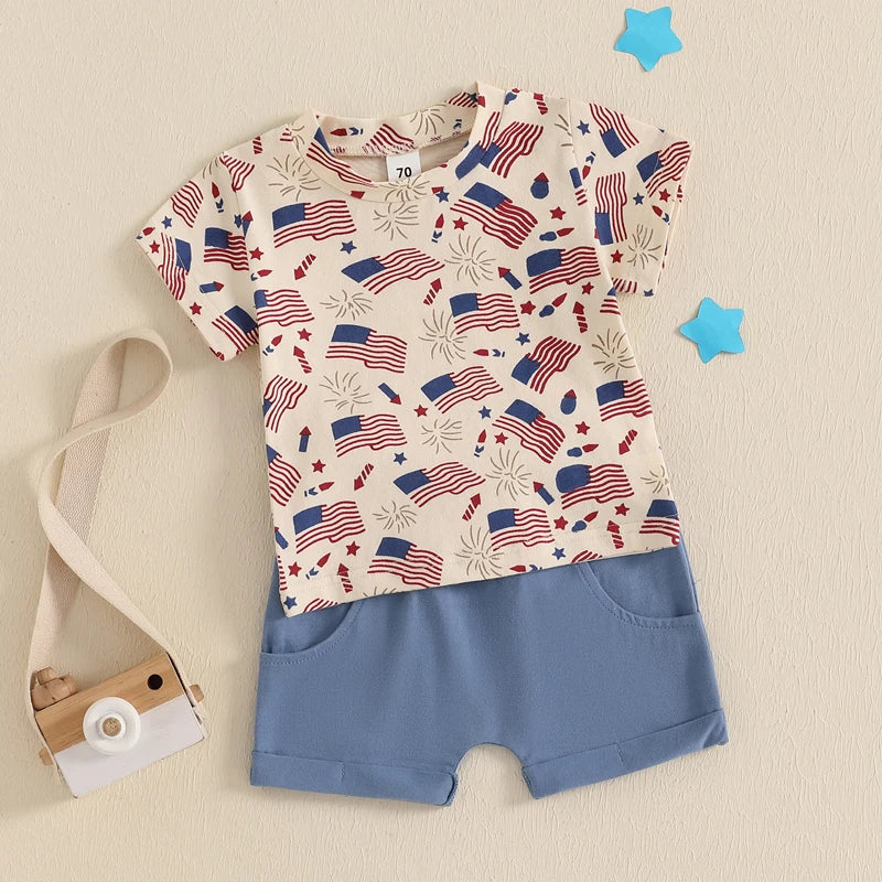 0-3Y Infant Baby Boys American Flag Clothes Sets Short Sleeve Flag Print T Shirts Drawstring Shorts Set