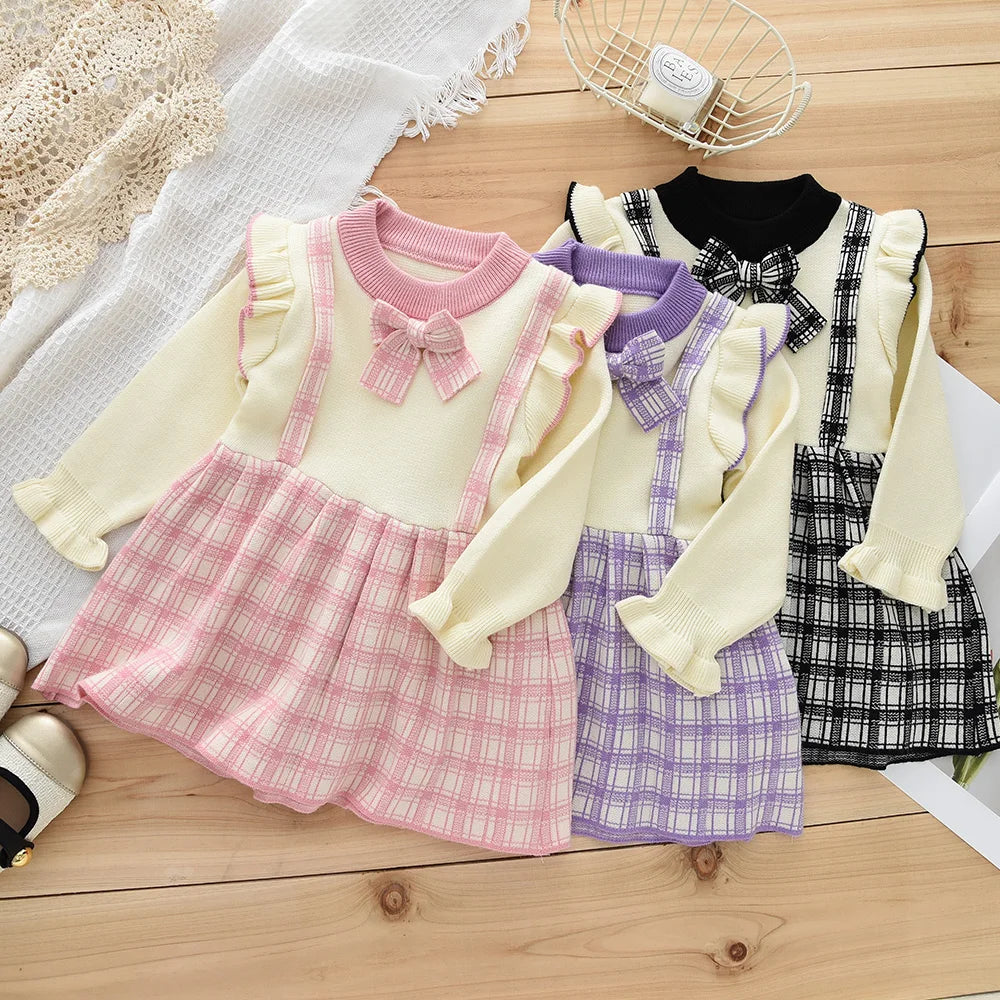 Girl's Long Sleeved Round Neck  with Checkered Bow Patchwork Dress