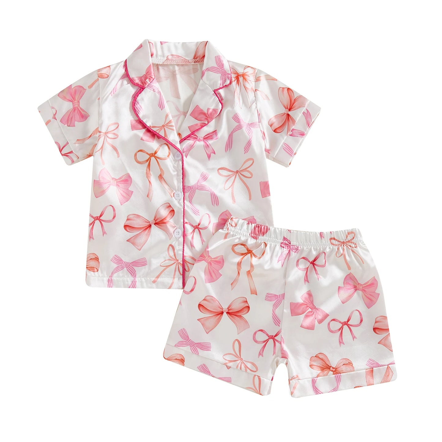 0-4Y Summer  Kids Girls Summer Pyjamas Clothes Sets 2pcs Flower Bow Print Single Breasted Shirts and Shorts