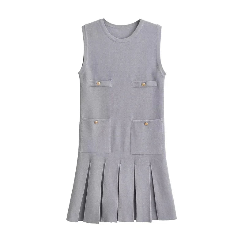 Women's Folds Knitted Mini Elegant Sleeveless With Pocket Vest Dress High Waisted  Clubs Party Summer