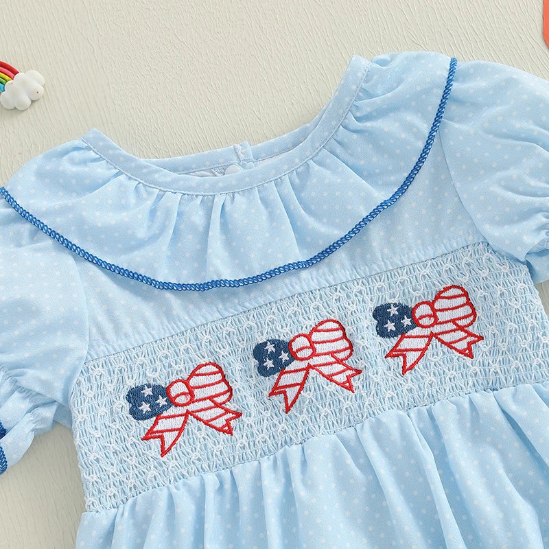 Baby Girls' Independence Day Romper - Dot Print Bow Flag Embroidery Ruffled Jumpsuit