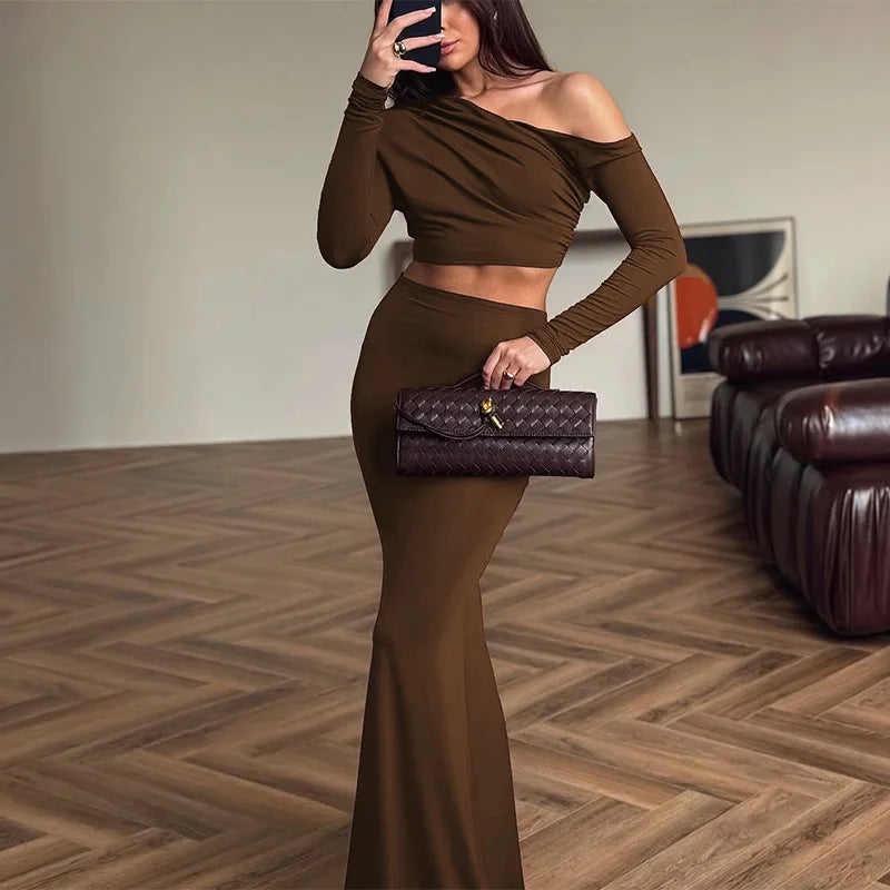 Women's Elegant Ruched 2 Piece Dress Set - Asymmetrical Top & Maxi Skirt