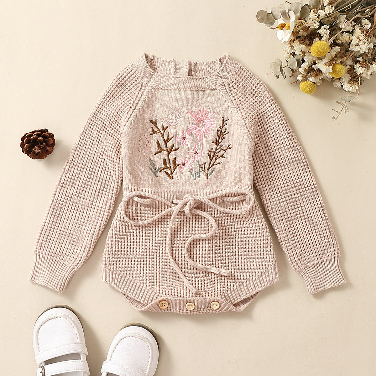 0-24M Baby Girl's Romper Knitted Long Sleeve Flowers Embroidery Elastic Button Jumpsuit