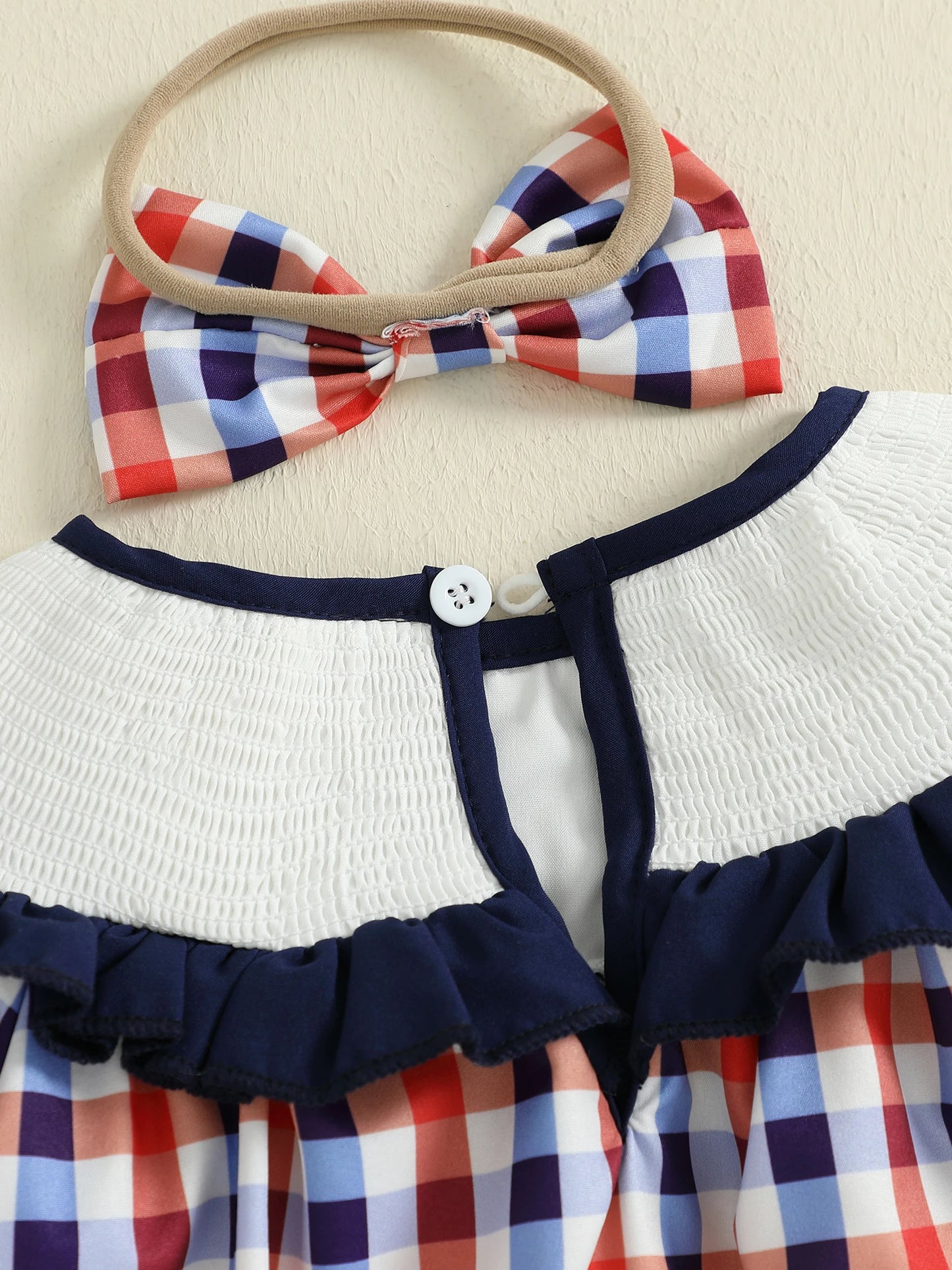 Toddler Baby Girls' Plaid Romper Dress - Animal Embroidery Smocked Jumpsuit with Headband