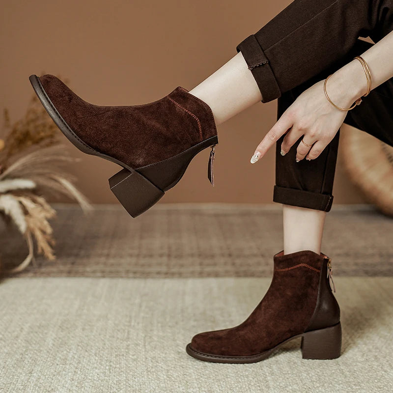 Women's Round Toe Chunky Heel Sheep Suede Leather Retro Ankle Boots