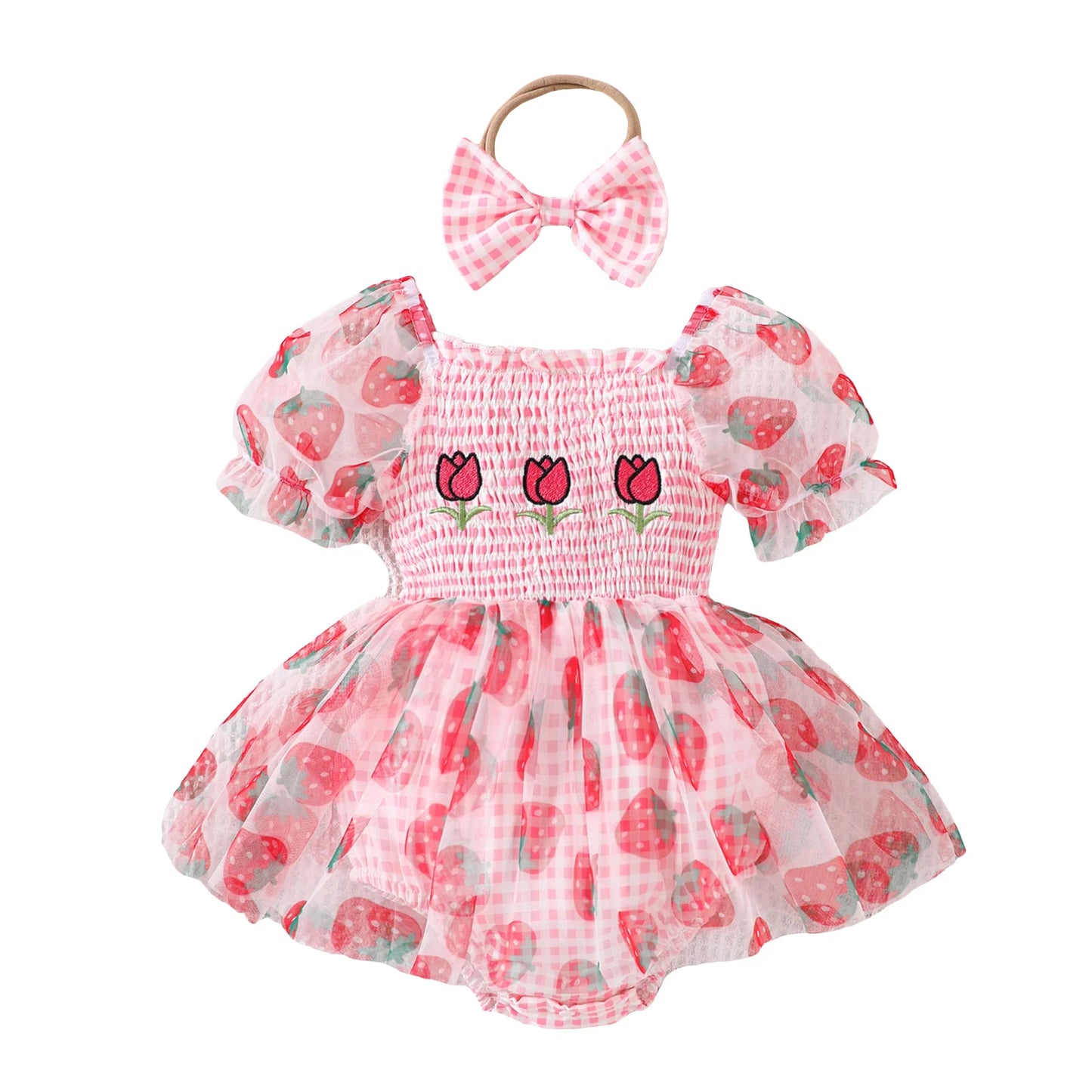 Fruit Embroidered Romper Dress with Headband - Baby Girls (0-18M)