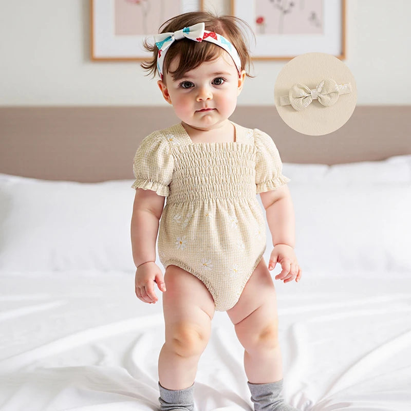 Baby Girls Romper Set with Headband - Plaid Flower Print Short Sleeve Bodysuit 2-Piece