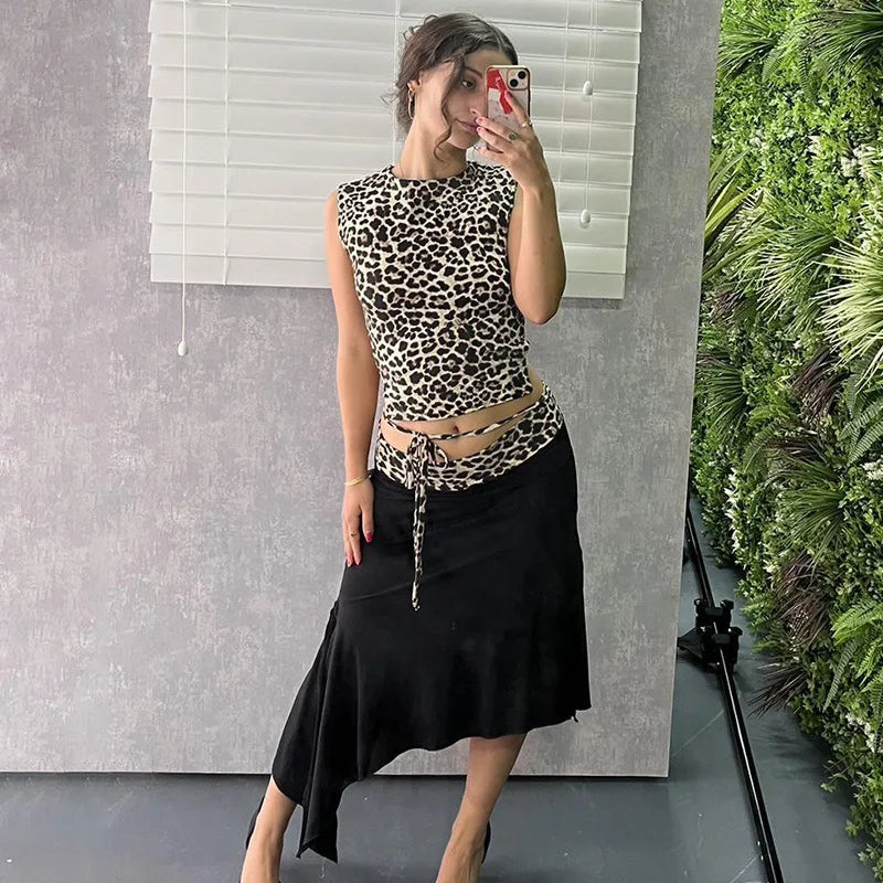 Women's Double Wear Skirt - Leopard Print Lace Up Sleeveless Vest Irregular Splice Skirt Two Pieces Set