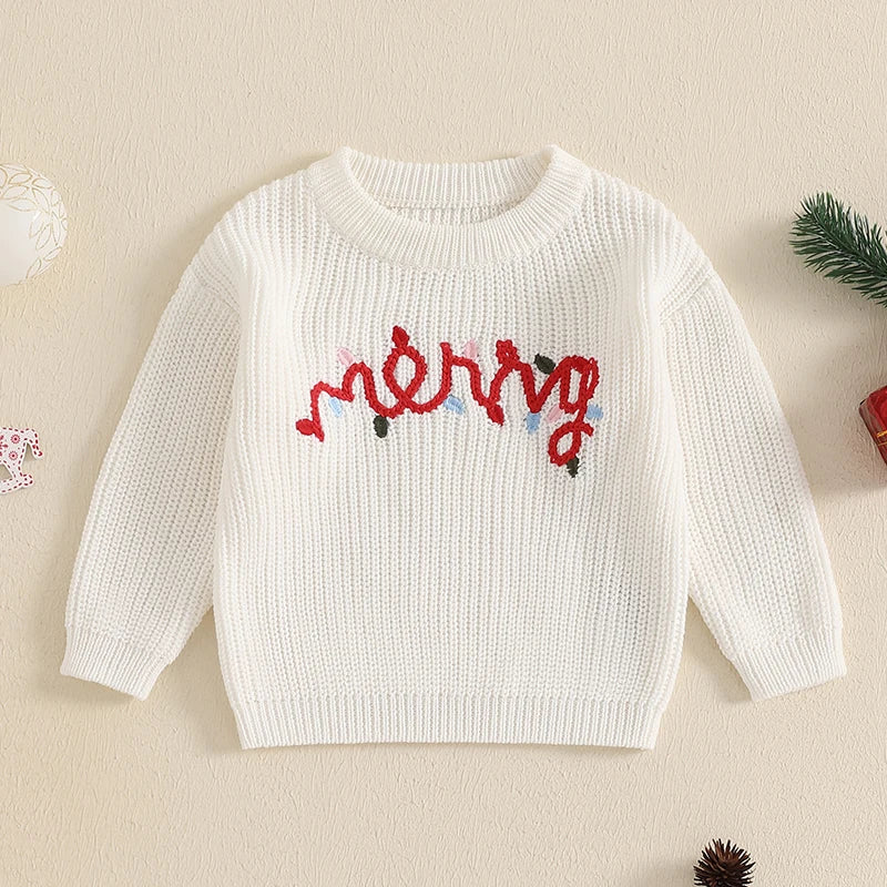 Baby Boys Girls Christmas Sweater 0-3Y Letter Light String Embroidery Long Sleeve Knitwear Top