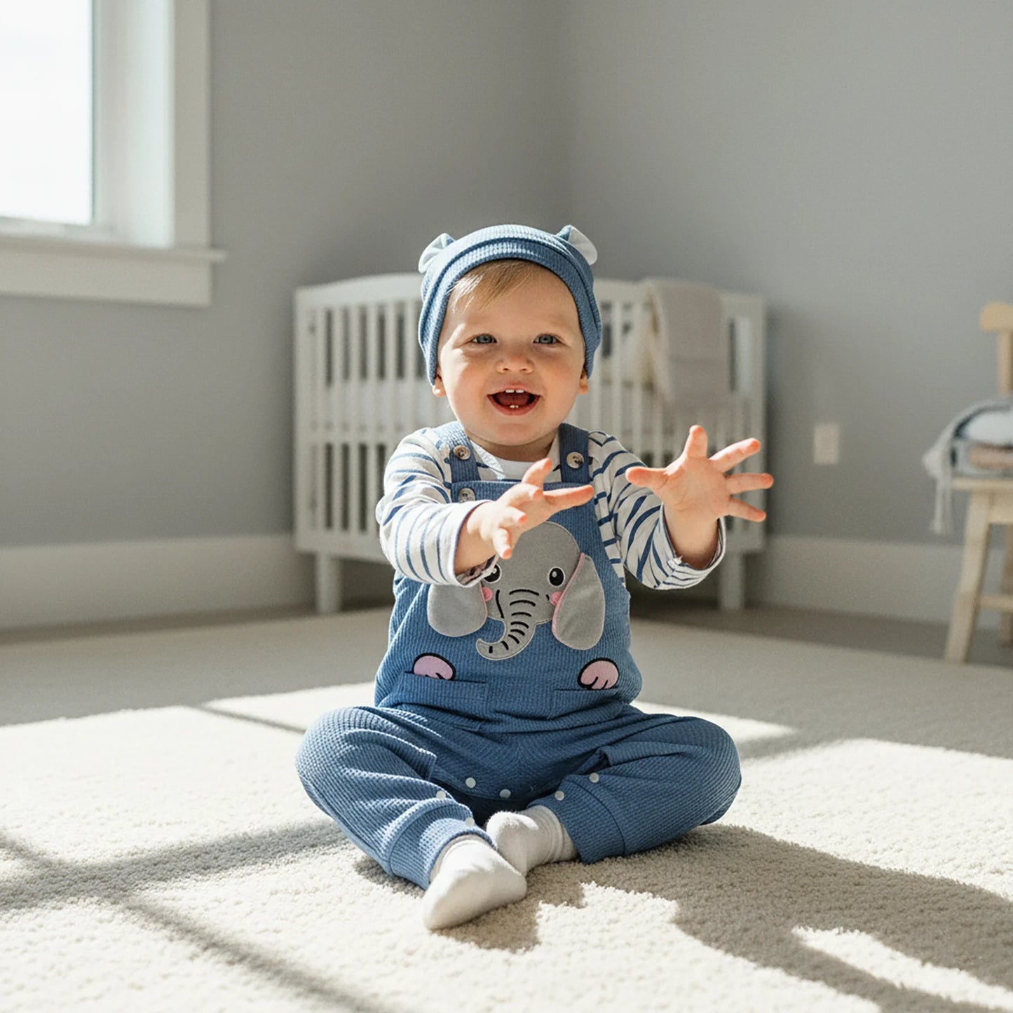 Baby Boys 3-Piece Outfit Set - Striped Romper, Elephant Suspender Pants & Hat