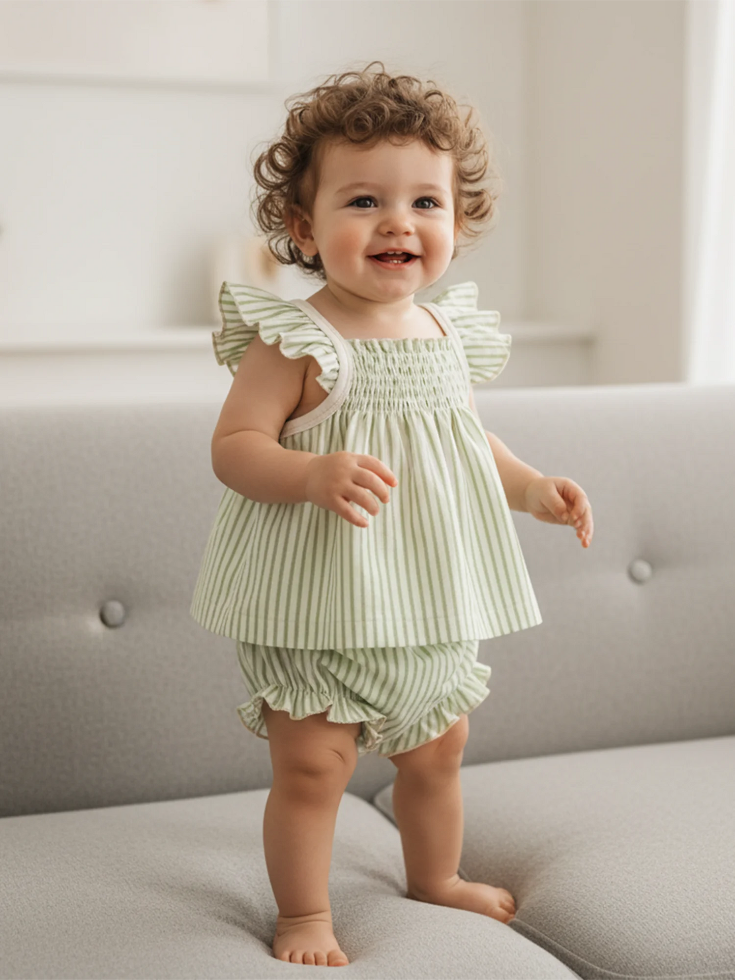 Baby Girls Striped Summer Outfit Set - Flying Sleeve Top & Shorts (0-24M)