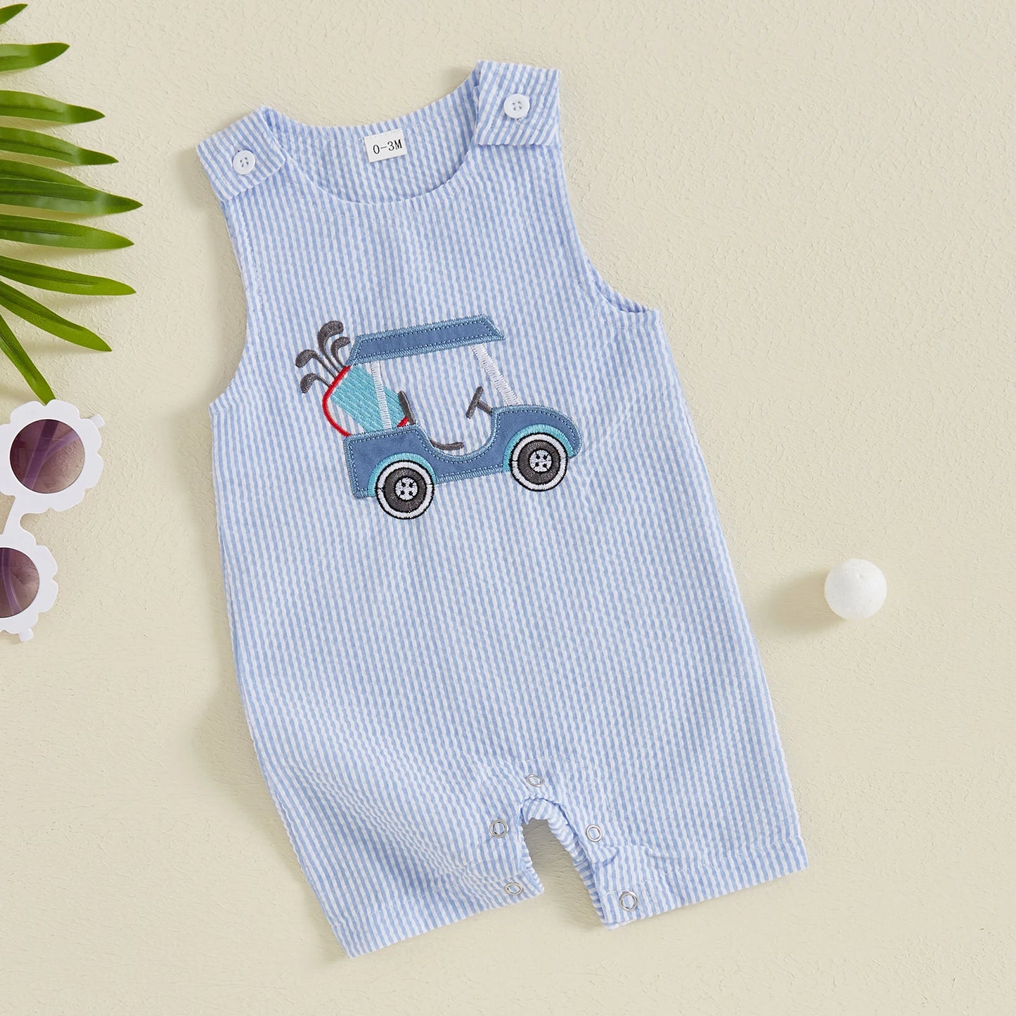 0-18M Baby Boys Romper Sleeveless Crew Neck Striped Print Golf Car Embroidery Summer Jumpsuits Pants