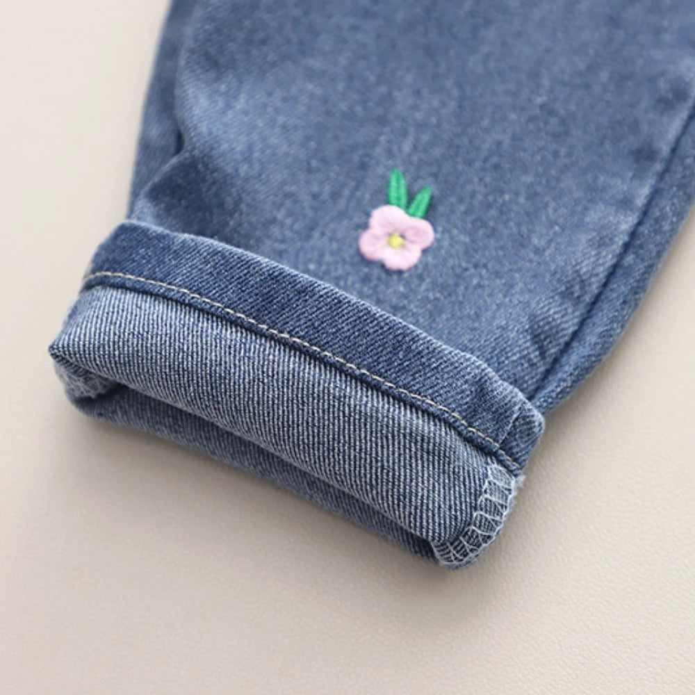 Girl's Clothing Autumn Long Sleeved Round Neck Top and Jeans 2-piece Three-dimensional Flower Spring Outfit Set