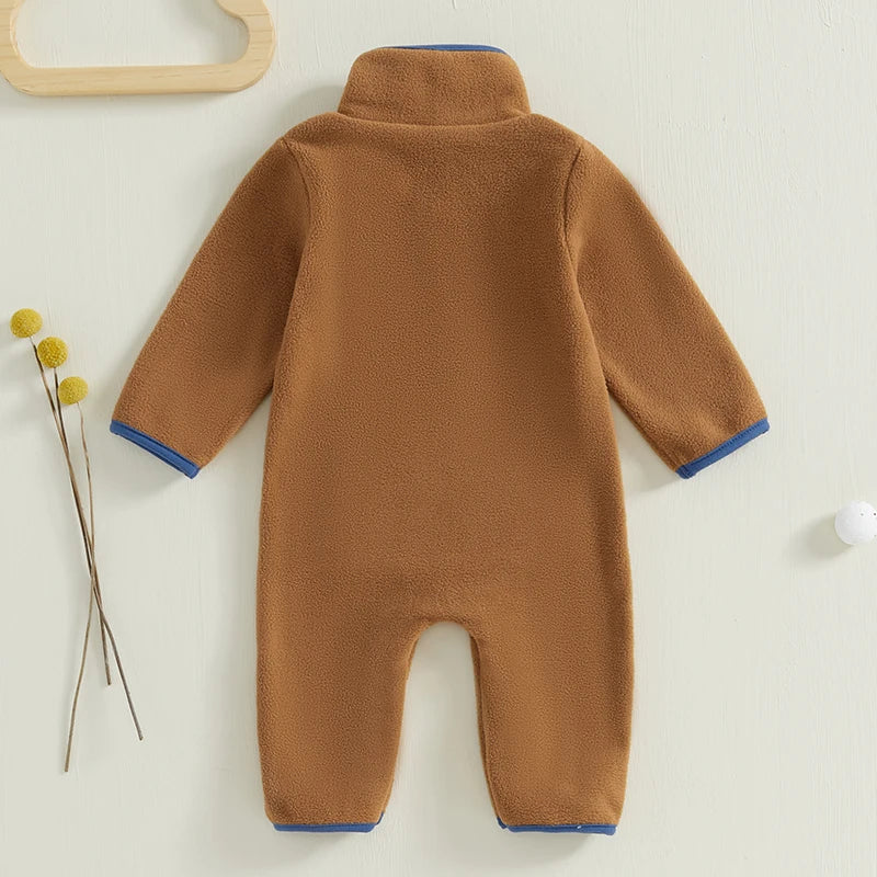 0-12M Baby Boys Fleece Romper Long Sleeve Stand Collar Pockets Plush Overalls Jumpsuits with Zipper