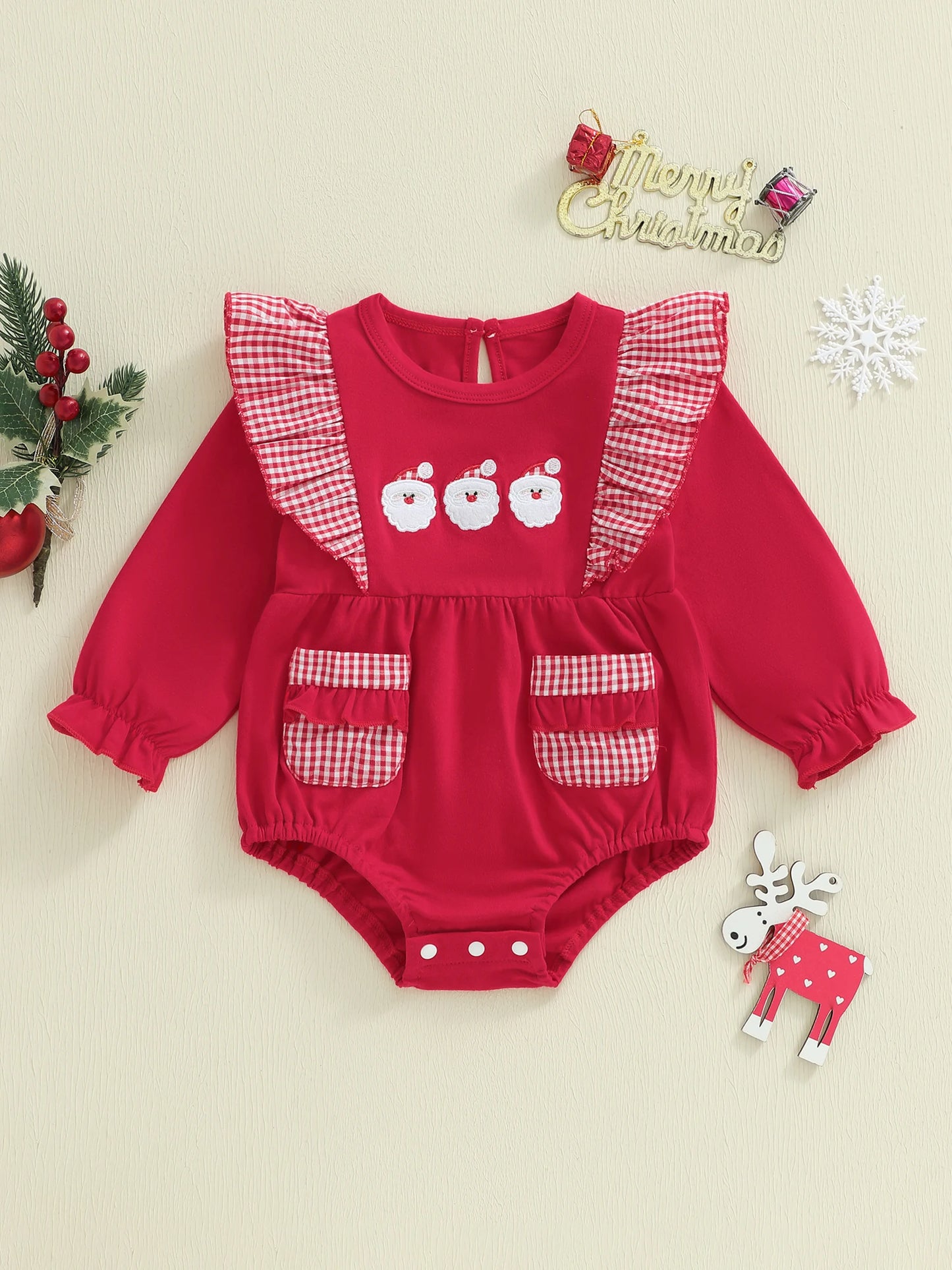 Baby Christmas Romper - Santa Plaid Ruffle Trim Long Sleeve Bodysuit with Pockets (0-18M)