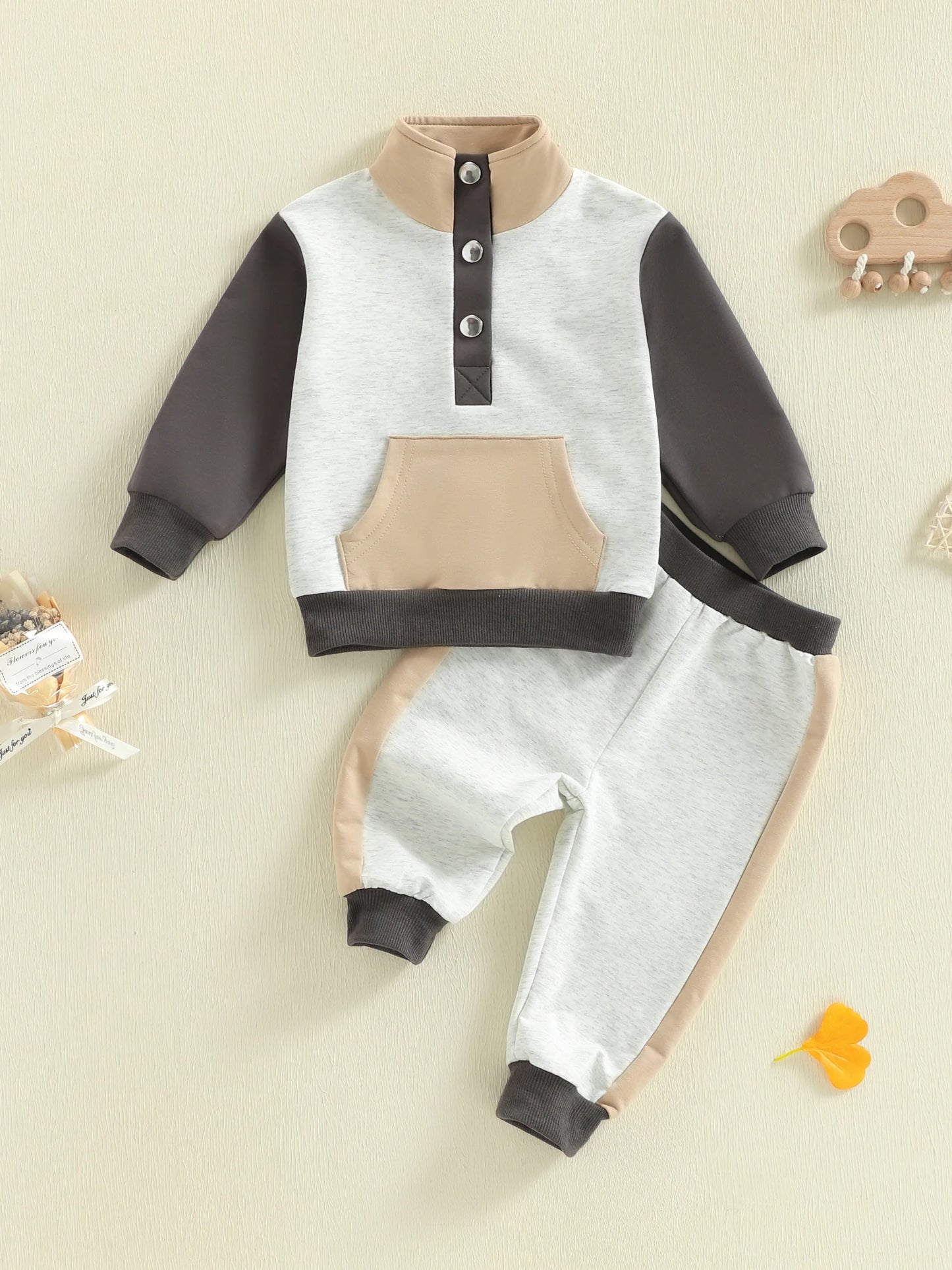 Toddler Kids Boys Girls Colour Patchwork Long Sleeve Stand Collar Pullover and Pants Set