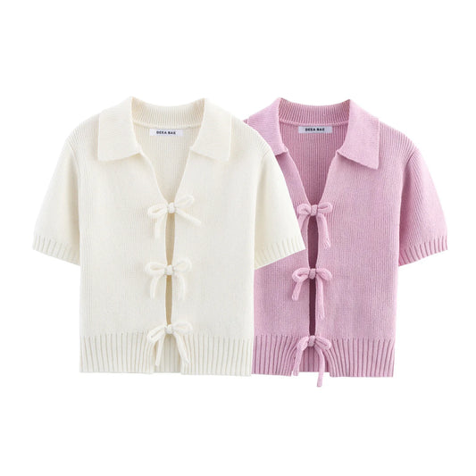 Women's Summer Bow Decoration Knitted Short Sleeved Round Neck Top T-shirt