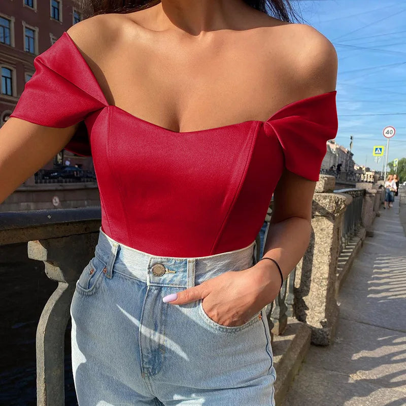 Women's Off Shoulder Satin Backless Bustier Corset Crop Top