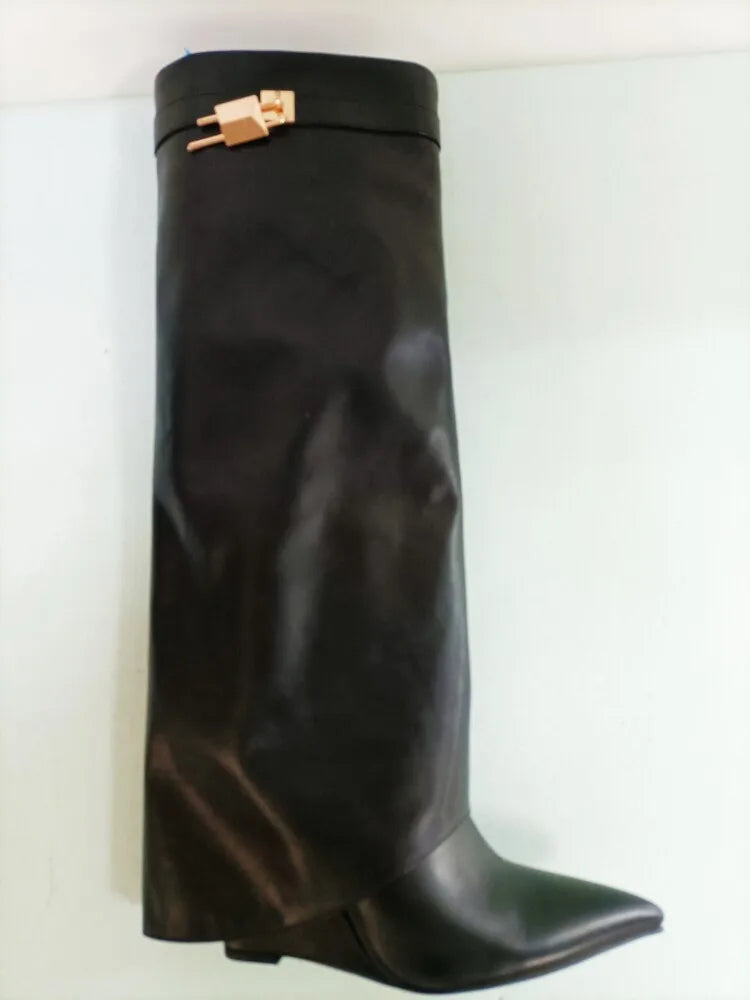 Women's Wedge Leather Mid-Calf Boots - 10cm Heel Metal Buckle Boots