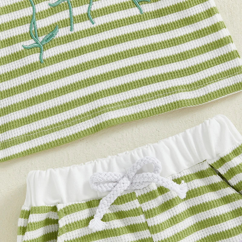 0-6Y Kids Girls Summer Clothes Sets Short Sleeve O Neck Flower Embroidery Striped T Shirts and Drawstring Shorts
