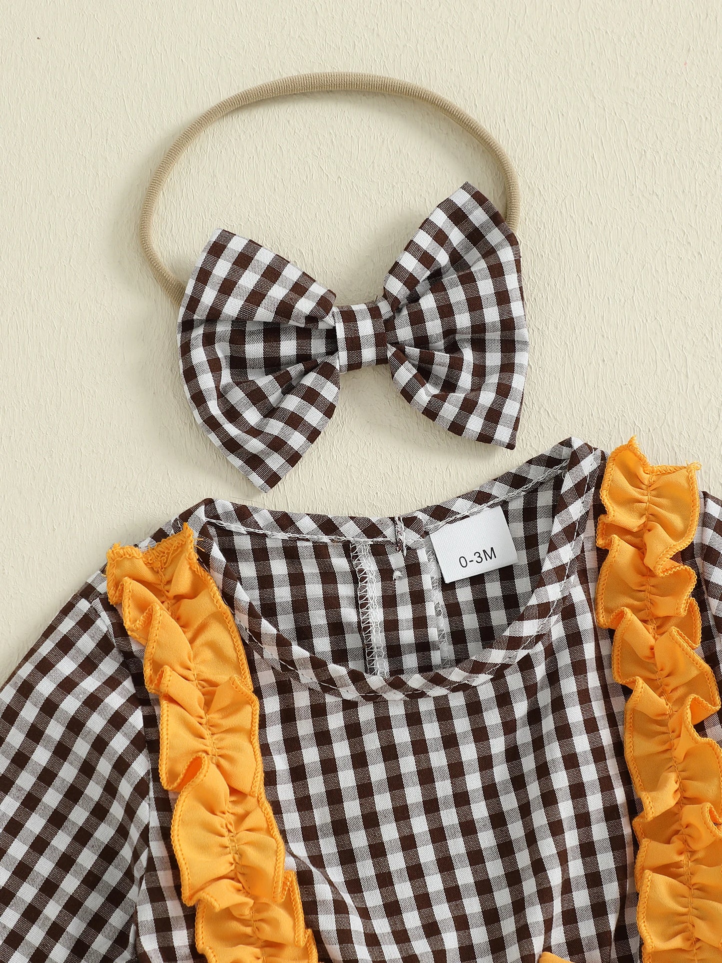 Baby Girls Thanksgiving Romper Dress with Headband - Turkey Plaid Ruffle Long Sleeve Jumpsuit