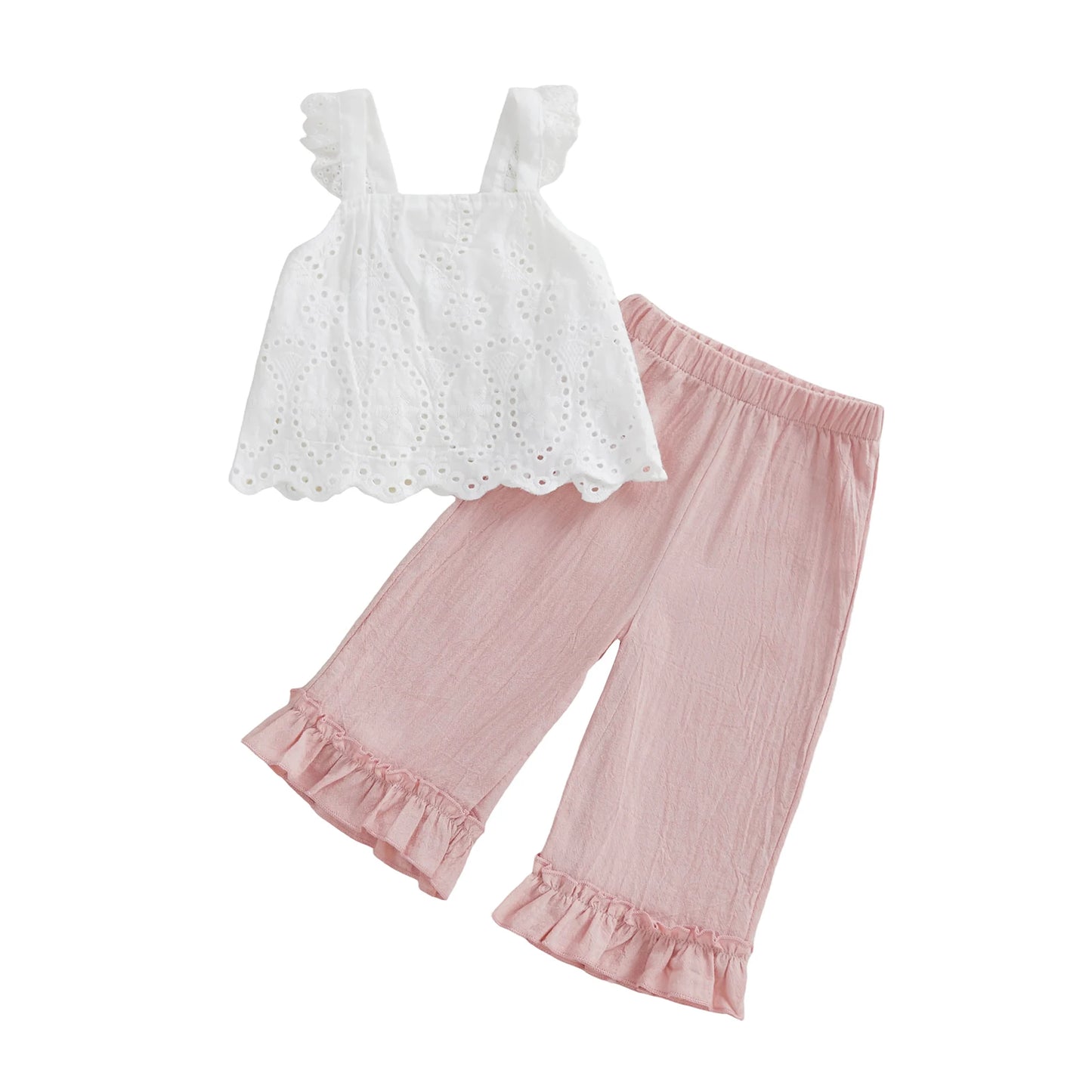 Girls Spring Outfit Set - Lace Ruffle Sleeveless Top & Wide Leg Pants (2-7Y)