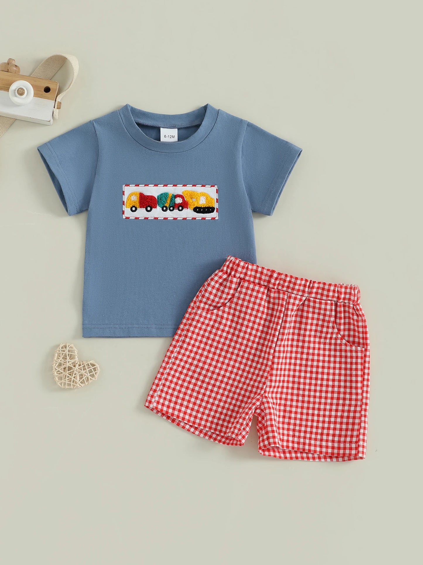 0-4Y Toddler Kids Boys Summer Clothes Sets Car Embroidery Short Sleeve Round Neck T-Shirts Plaid Elastic Waist Shorts